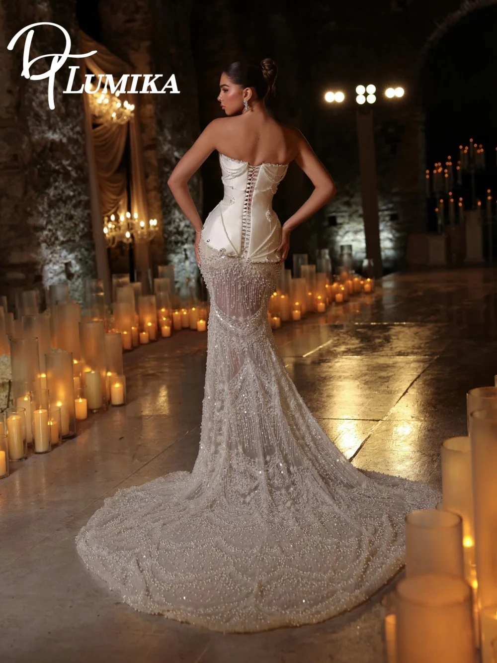 2026 Bold Statement Wedding Dress Plumika Dazzling Pearl Beaded Mermaid Strapless Corset Bridal Gown Vestidos De Novia