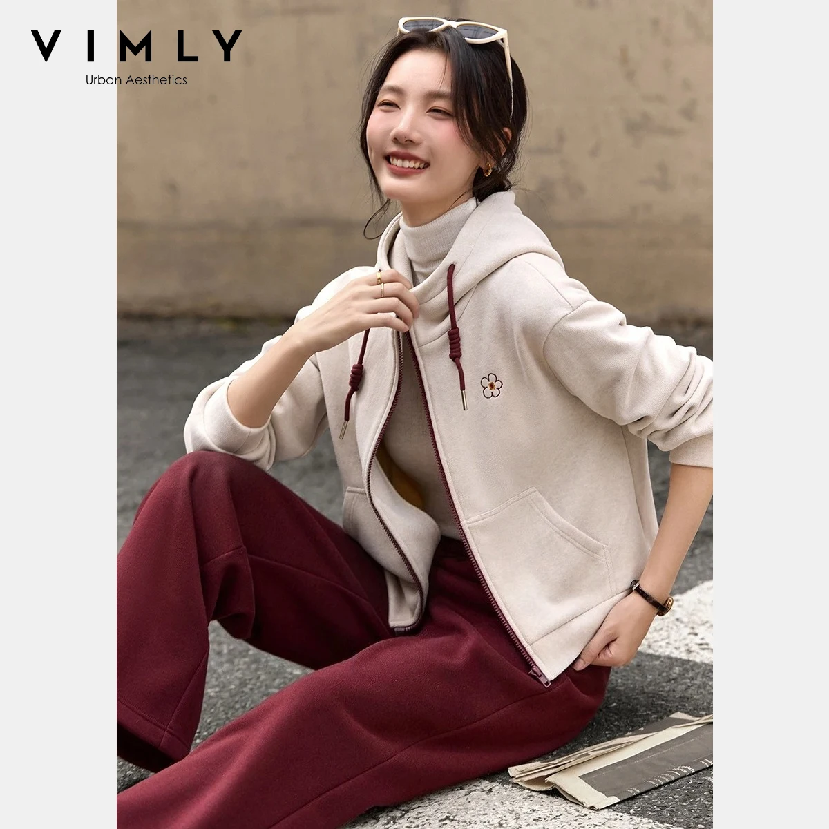 

VIMLY Women's Tracksuit Set 2025 Sporty Draw String Floral Embroider Hoodies Long Pants Fleece Lined Winter Woman Set A3173