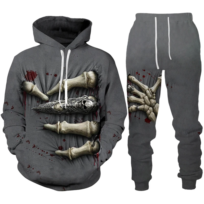 Conjunto de chándal con estampado 3D de calavera para hombre, Sudadera con capucha Punk gótica/traje, ropa de calle de Halloween