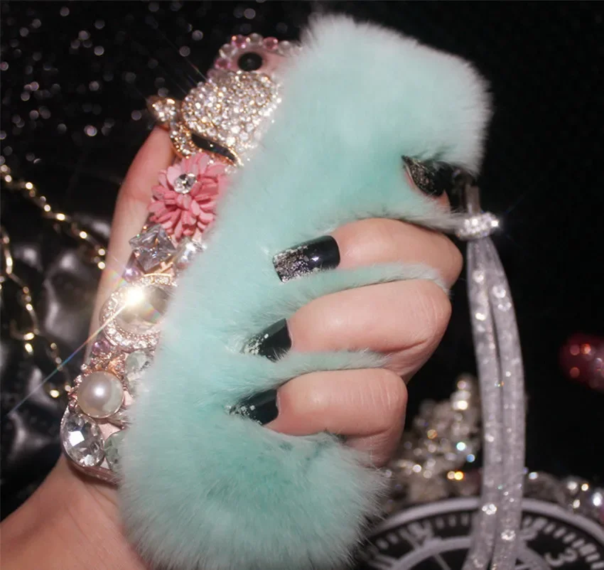 Luxury Soft fluffy Rabbit Fur Bling Diamond Fox Head Flower Pearl Phone Case For iPhone14 16 12 13 15Pro Max XR XS 16Plus Case