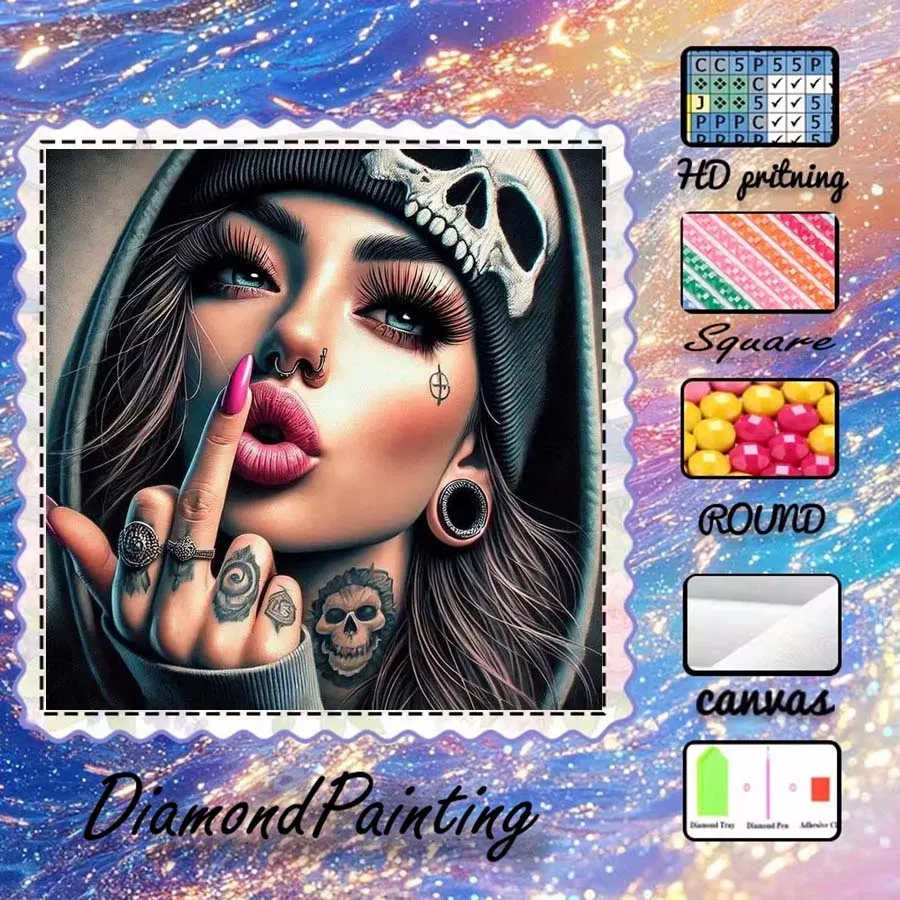 1 piece 5D DIY flocking cloth, special drill, diamond painting kit, skull, gesture, pattern mosaic, diamond art