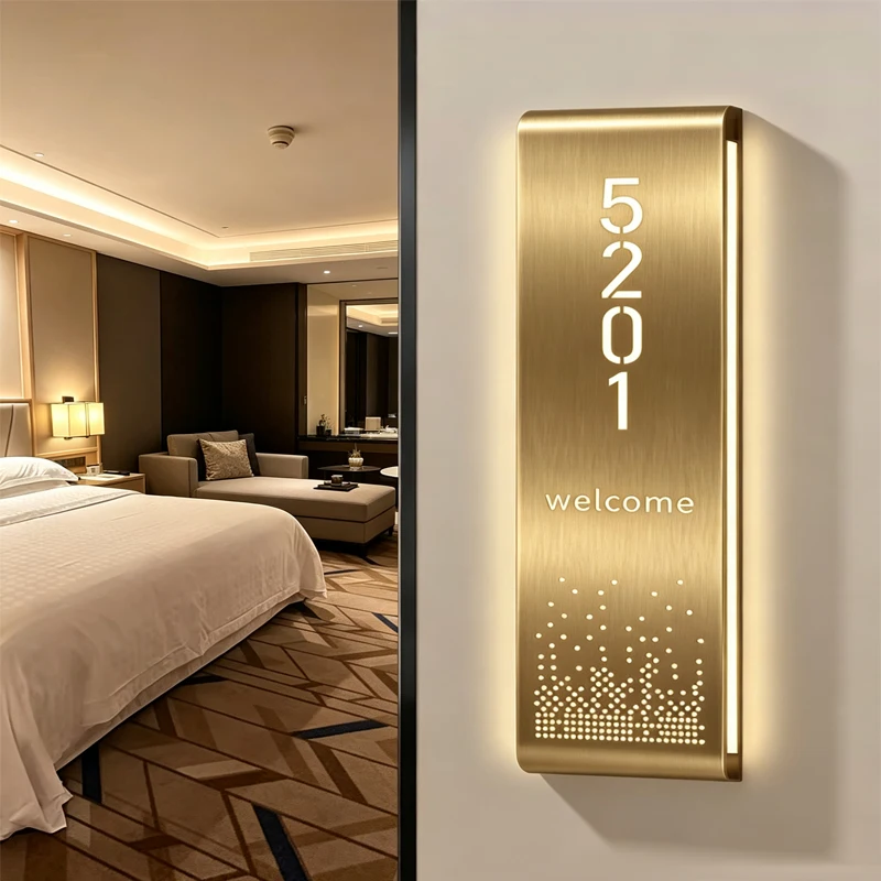 LED Hotel Room Number Sign Brushed Metal Backlit Door Plate Welcome Light House Apartment Door Number Plaque Wall Mounted Sign