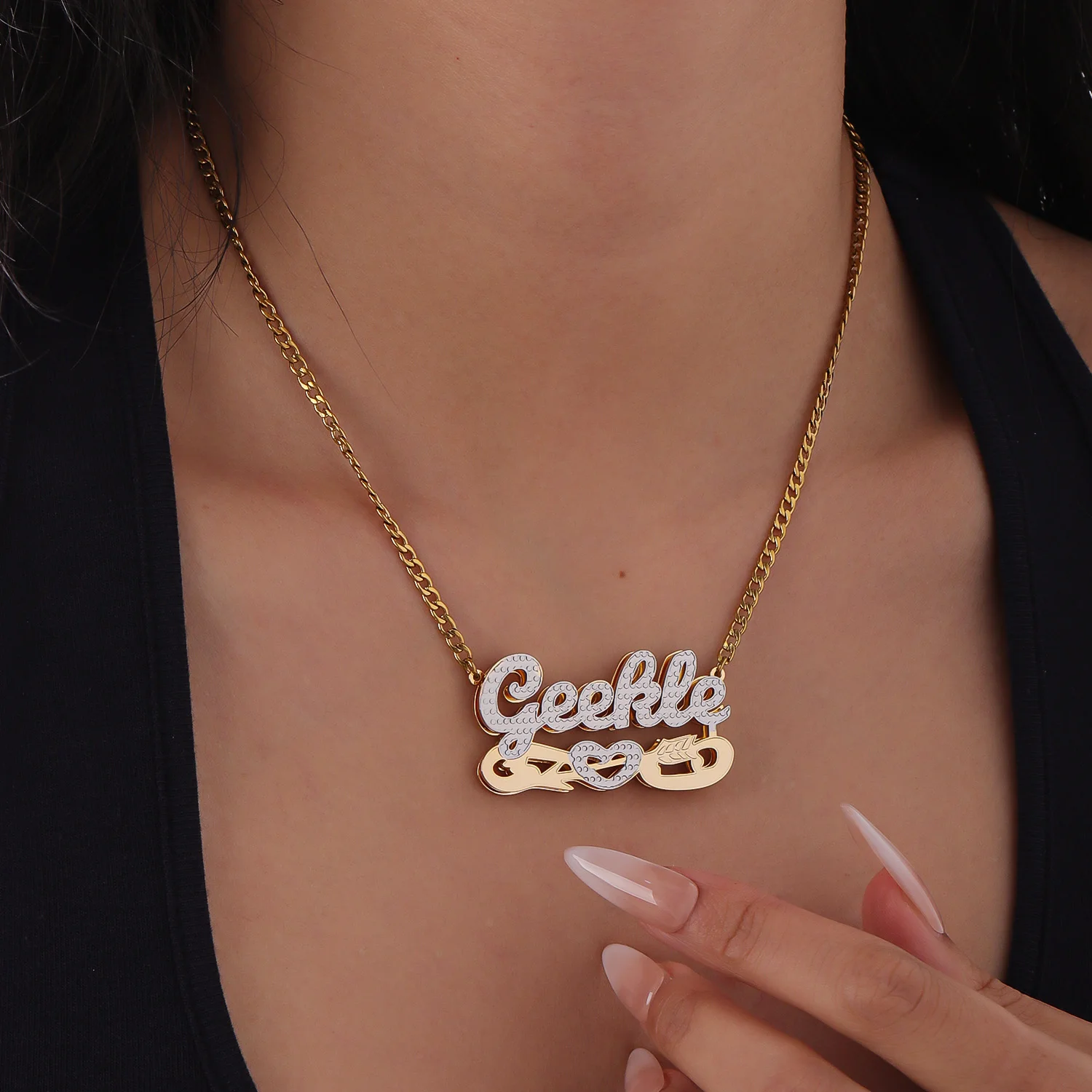 

Custom 3D Heart Double Layer Name Necklace Personalized Name Pendant with 2 Colors Charm Stainless Steel Jewelry For Women