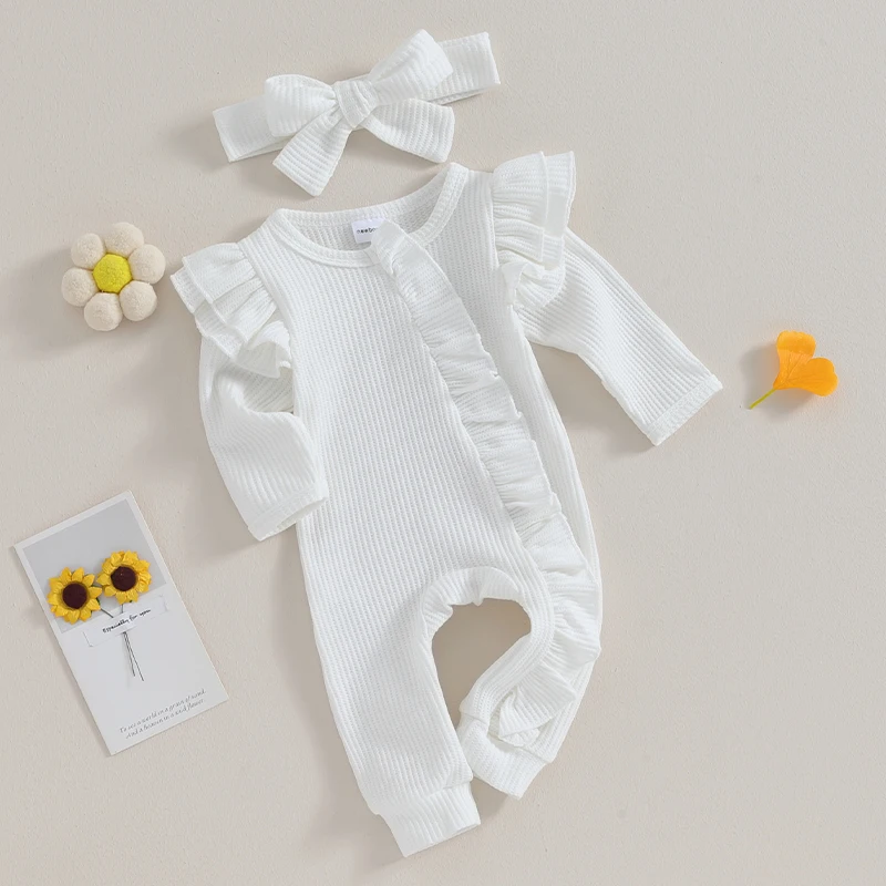 Newborn Infant Girls Solid Color Waffles Jumpsuits Baby Long Sleeve Ruffle Zipper Romper with Headband Sets Lace Baby Clothes