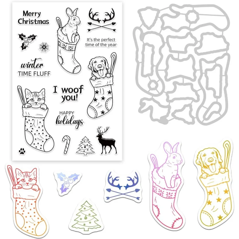 Christmas Socks Cutting Die and Silicone Clear Stamps Set with Dog Cat Rabbit Shape for Card Making DIY Scrapbooking Photo Album