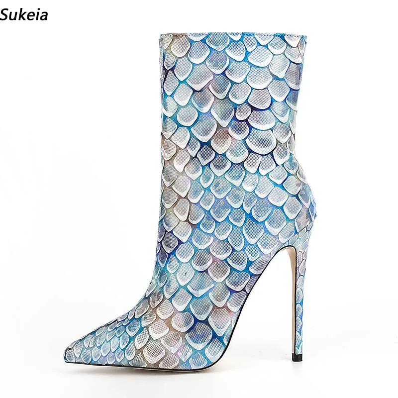 Sukeia Women Winter Ankle Boots Printed Fish Scale Pointed Toe Sexy Stiletto Heels Light Blue Party Shoes Ladies US Size 5-12