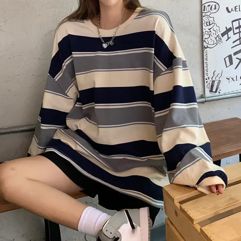 Women T shirts Summer Woman clothing Striped Top Sweatshirt 2023 korean fashion Long Sleeves Tee Patchwork Loose Couple T-shirts