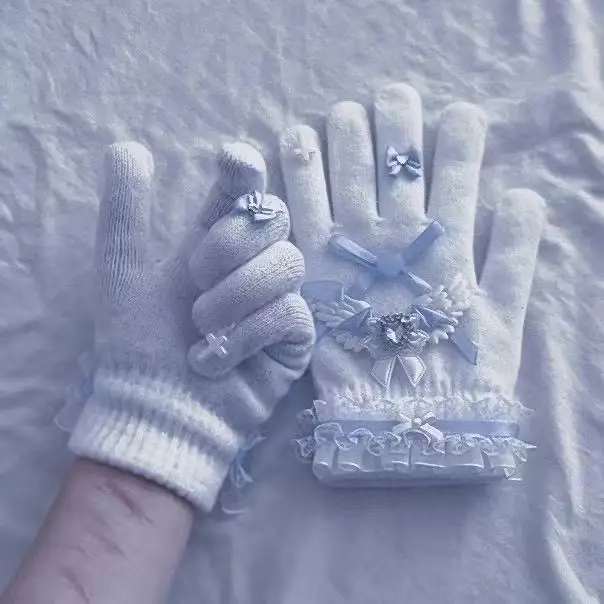 

4 Colors Y2K Lolita Bow Glove Cute Full Finger Gloves Thickened Winter Warm Cute Plush Gloves Harajuku Mittens Anime Accessories