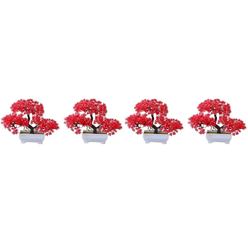ABLJ 4Pcs Artificial Plant Bonsai Plastic Small Tree Pot Fake Plant Flower Potted Ornaments For Home Room Table,Red