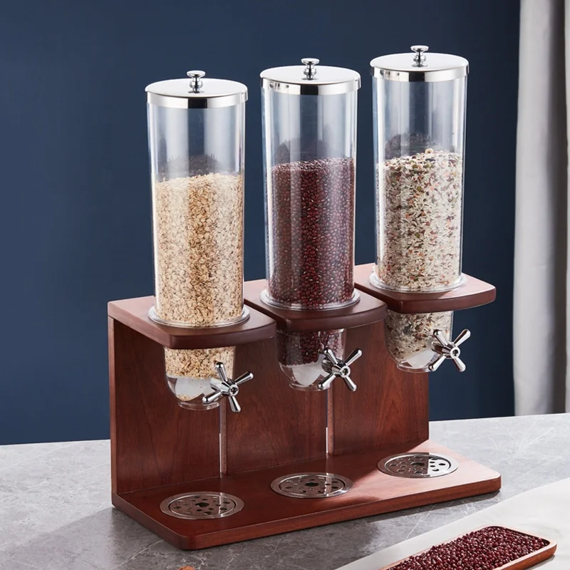 

New Arrival Luxury Dry Food Dispenser Para Wooden Cereal Dispenser With Wooden Stand