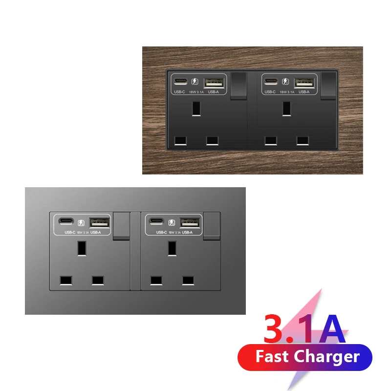 UK 13A Wall Socket with USB Type C 18W Quick Charge Plug Socket,Britain Standard DC 5V 3.1A Type-c Wall Electrical power outlet