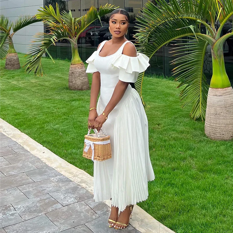 

BKLD Women's 2025 Summer New Elegant White Dress U-Neck Cold Shoulder Ruffles Sleeve High-Waisted Party Big Swing Long Dresses