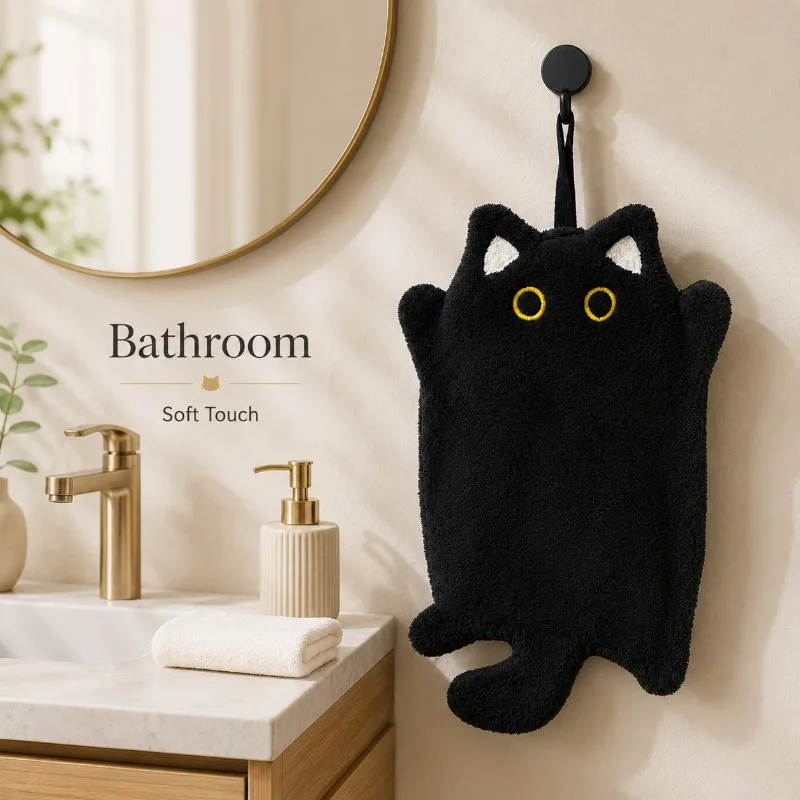 Adorable black cat hanging hand towel, water-absorbent, lint-free, and suitable for cleaning