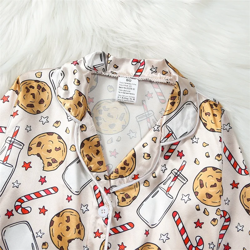 Boys Girls Christmas Pajama Set Cookie Mike Print Long Sleeve Button-up Tops Long Pants 2 Pcs Set