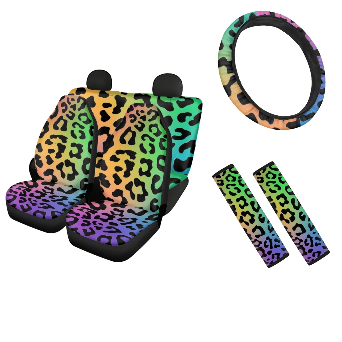 

Colorful Leopard Print Car Seat Covers Breathable Steering Wheel Cover and Seat Belt Sets Covers Seadn Accessory Animal Pattern