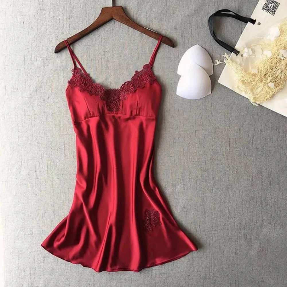 Ladies' Solid Color Fashionable Casual Simulation Silk V-neck Lace Nightgown Ice Silk Thin Halter Home Service Satin Night Dress
