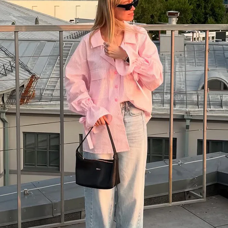 

Striped Commuter French Shirt Women's Spring and Autumn New Printed Lapel Flared Sleeve Loose Pocket Shirt