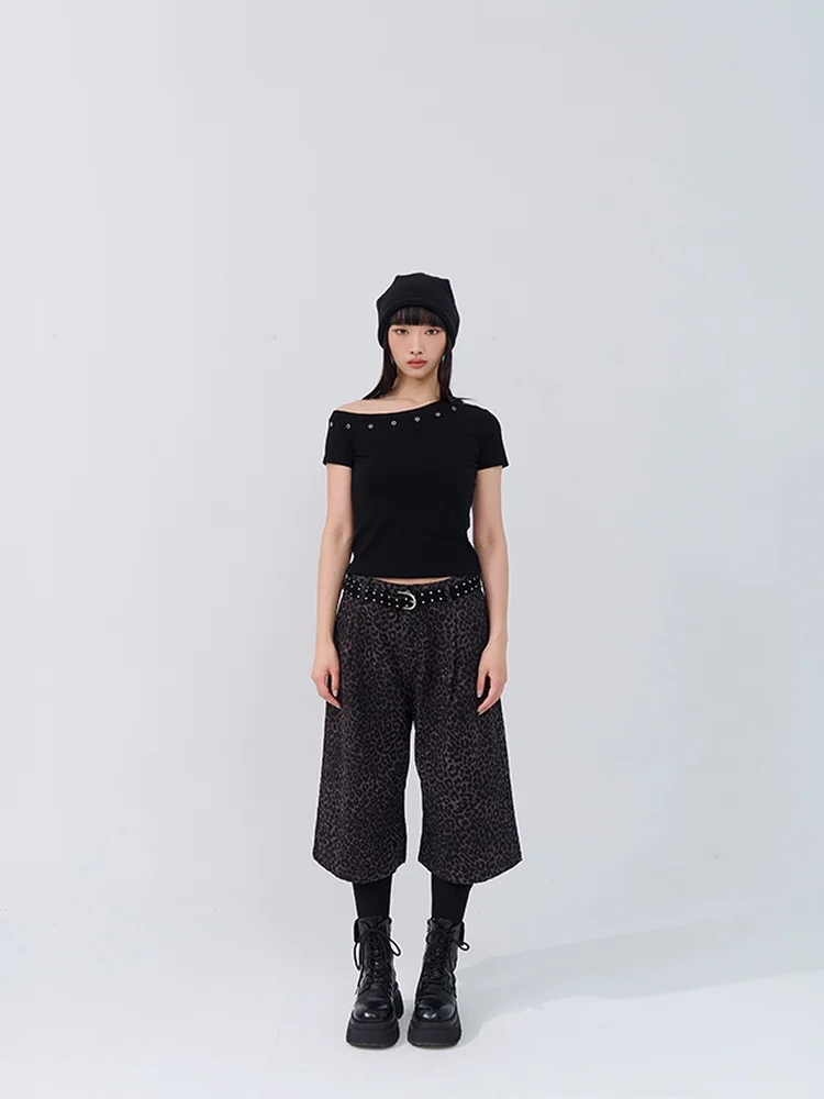 

Queenshop Spring Summer 2026 New Women's Fashionable Design Wide Leg Pants Leopard Print Asymmetrical Seven-Foot Jeans