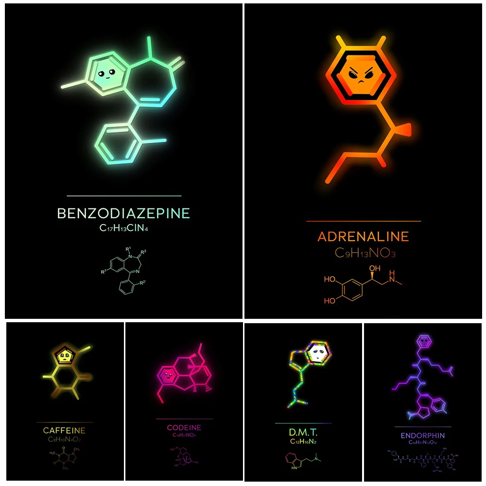 Neon Chemical Element Art,Poster And Print Home Decor,Adrenaline,Melatonin,Serotonin,Abstract Wall Art Canvas Painting Unframed