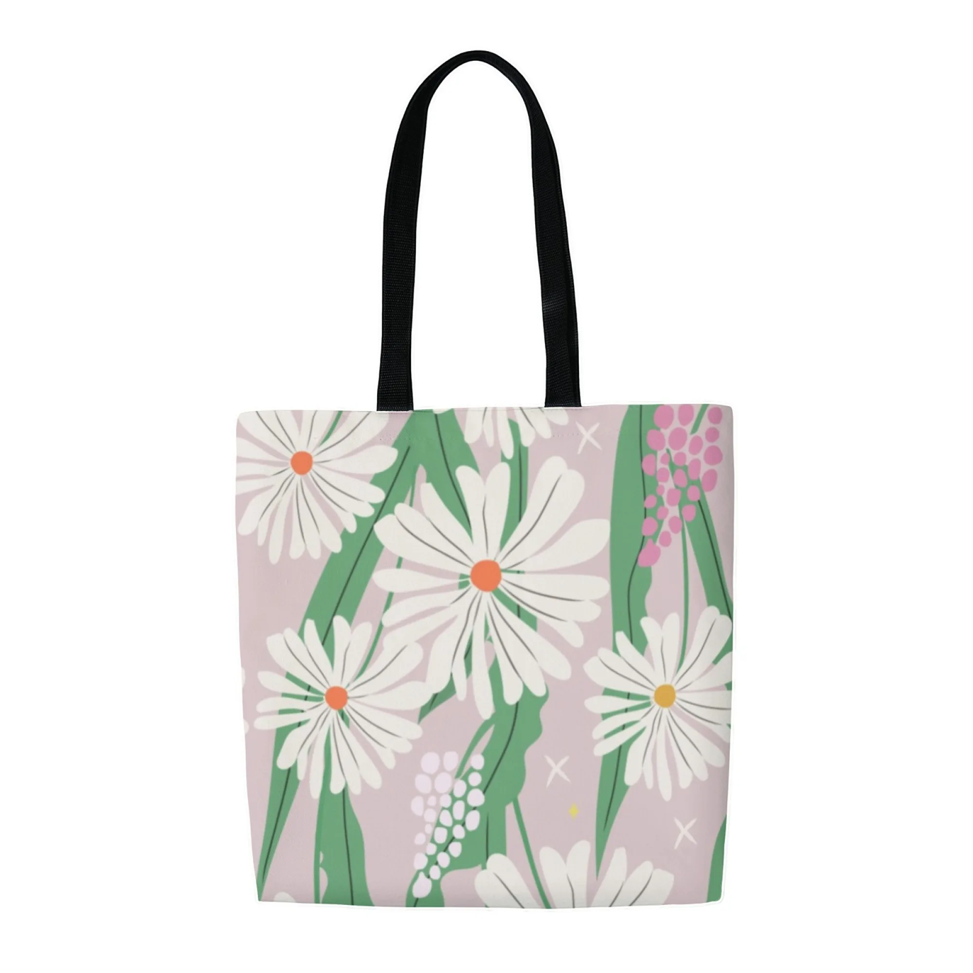 Korean Fresh Floral Trend Canvas Tote Bag Pink Daisy Print Bag for Women Perfect for Nature Enthusiasts Daily Commute & Street