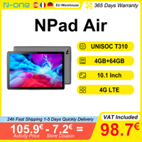 N-One NPad Air 10.1'' 4GB RAM 64GB ROM 4G LTE Tablet 1920x1200 Dual-band Wi-Fi UNISOC T310 Android 12 6200mAh Bluetooth 5.0 IPS