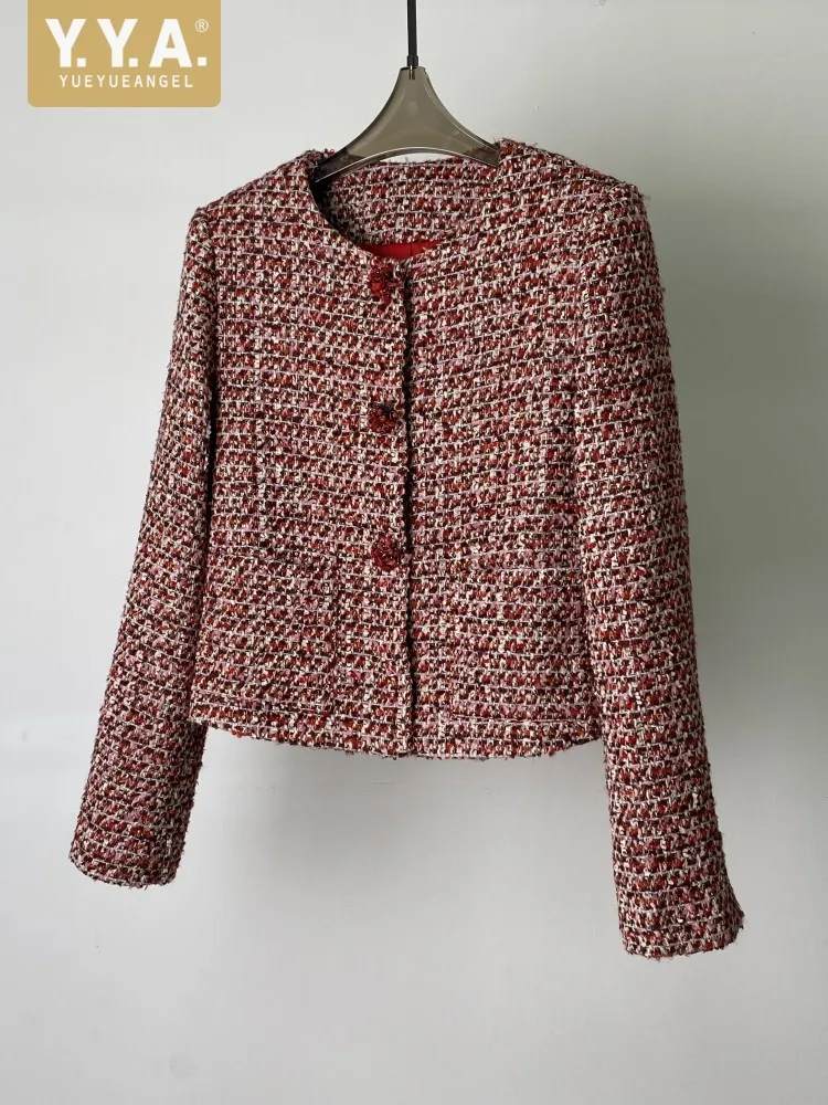 

Fashion Casual Lady Pink O Neck Covered Button Wide Waisted Jacket Long Sleeve Coat Short Tweed Elegant Designer Women Outewear