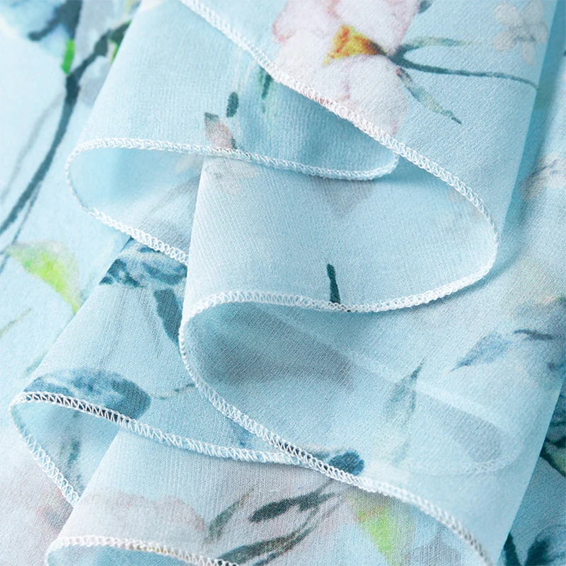 Women Dress 100% Mulberry Silk Sexy Transparent Blue Floral Print V neck Ruffle High waist Belted Waist Midi Dress M1328