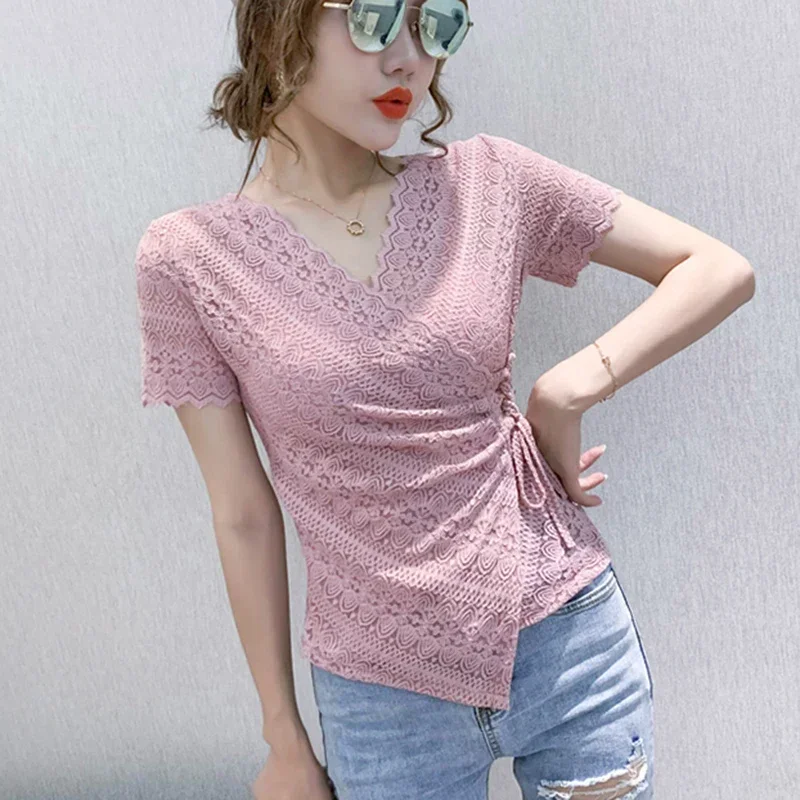 

2024 Summer New Fashion Lace V-neck T-shirt Women Irregular Short sleeve Top Western Sle Waist Hugging Shirt E4928
