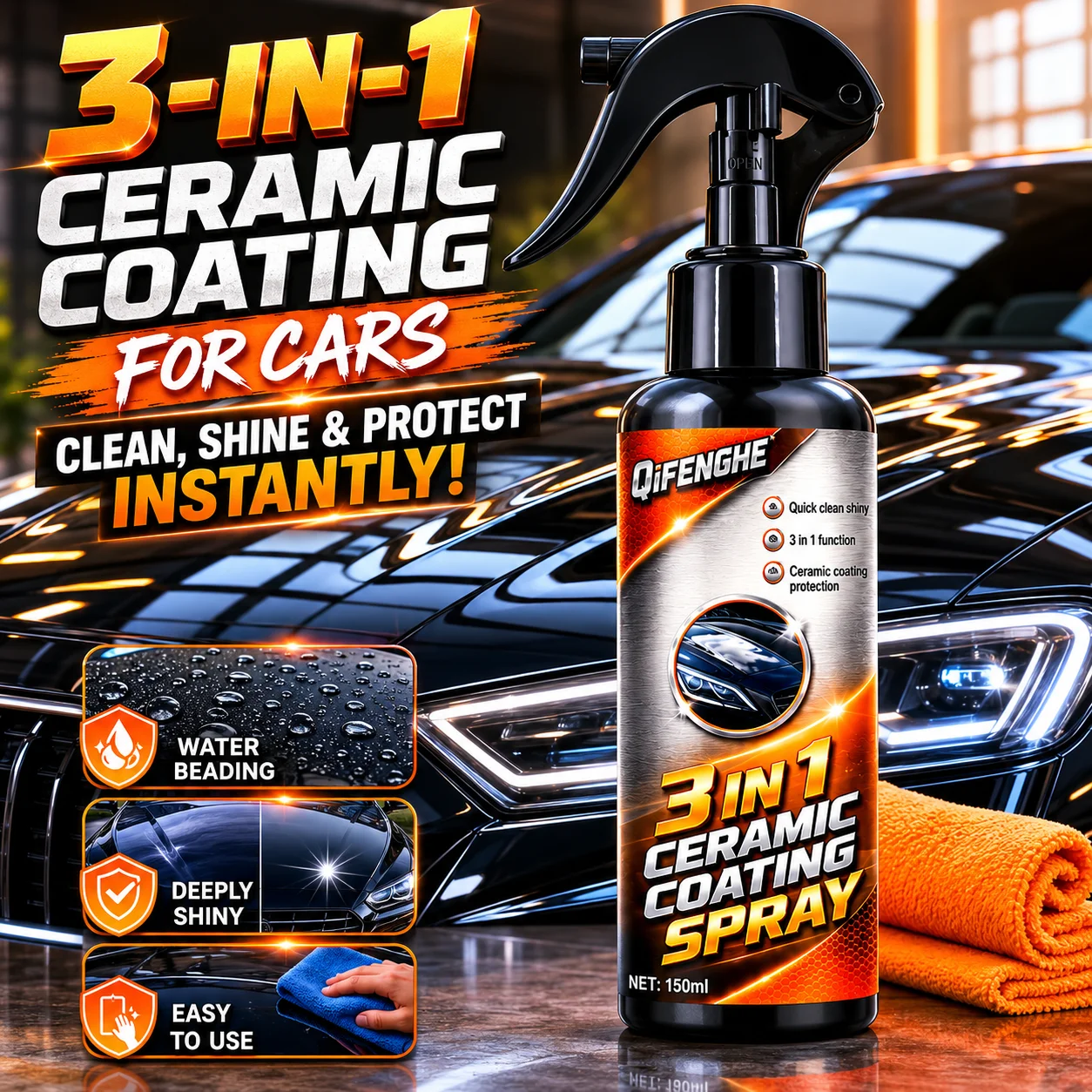Hydrophobes 3-in-1 Keramik-Nano-Beschichtungsspray für Auto-Außenpolitur, entfernt Wirbelmuster, Hochglanz, langlebig, 150ml
