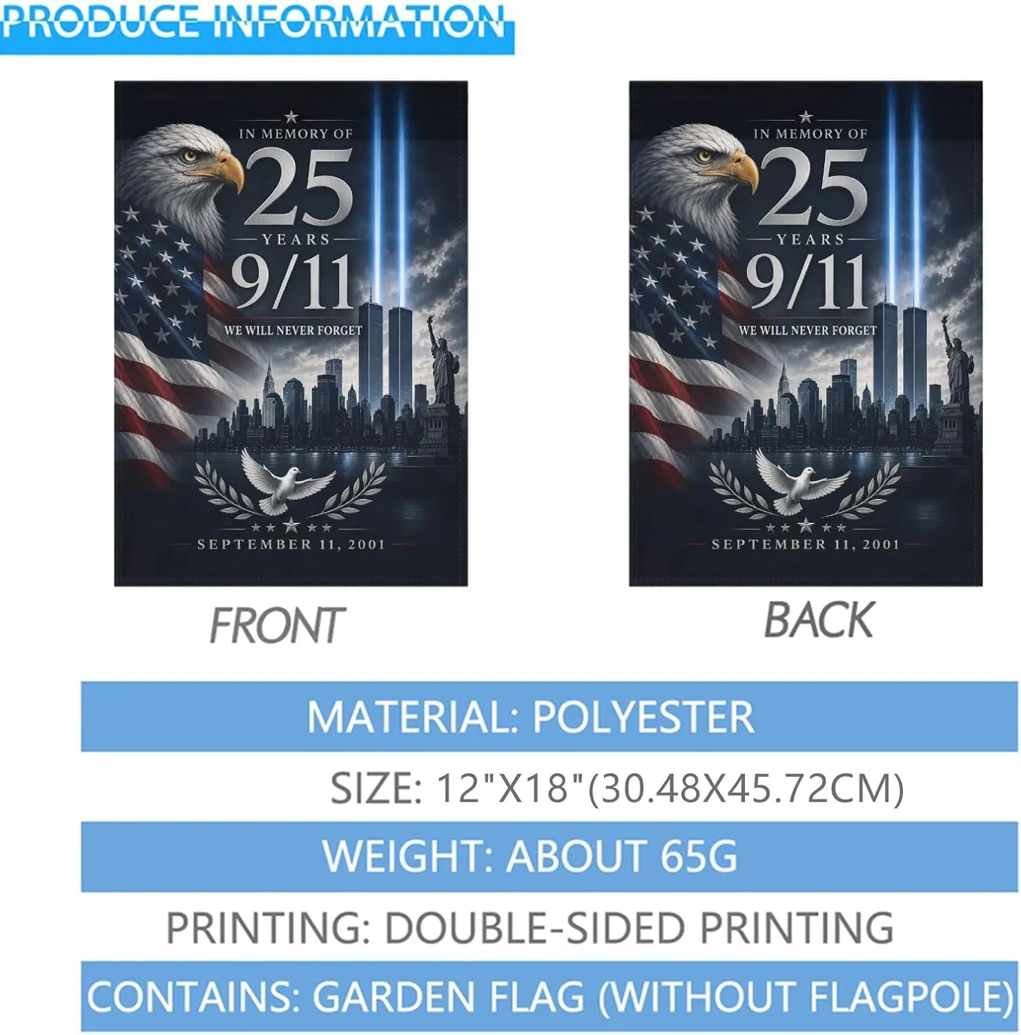 9/11 25th Anniversary Garden Flag 12x18 Inch, We Will Never Forget September 11 Memorial, Double-Sided Polyester Outdoor Fla jaa