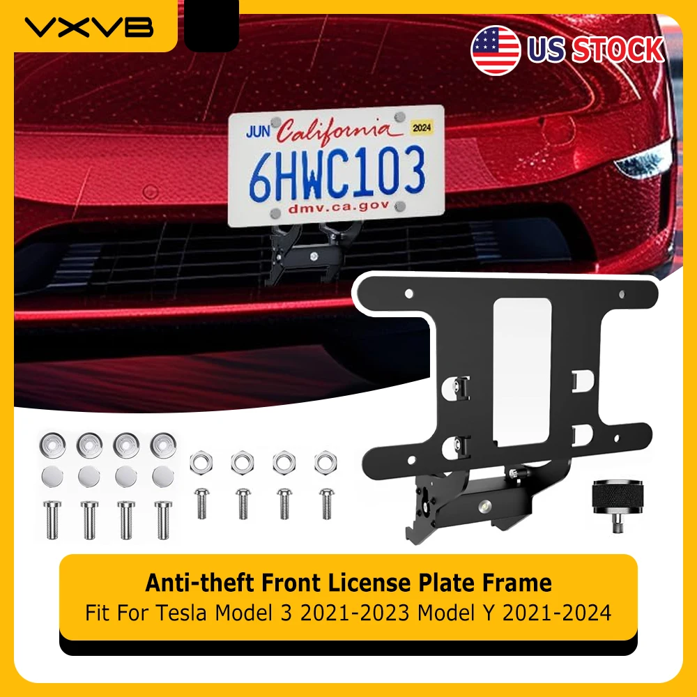 Front License Plate Frame For Tesla Model Y 2021-2024 Model 3 2021-2023 No Drill Anti-theft License Plate Holder Mount Bracket