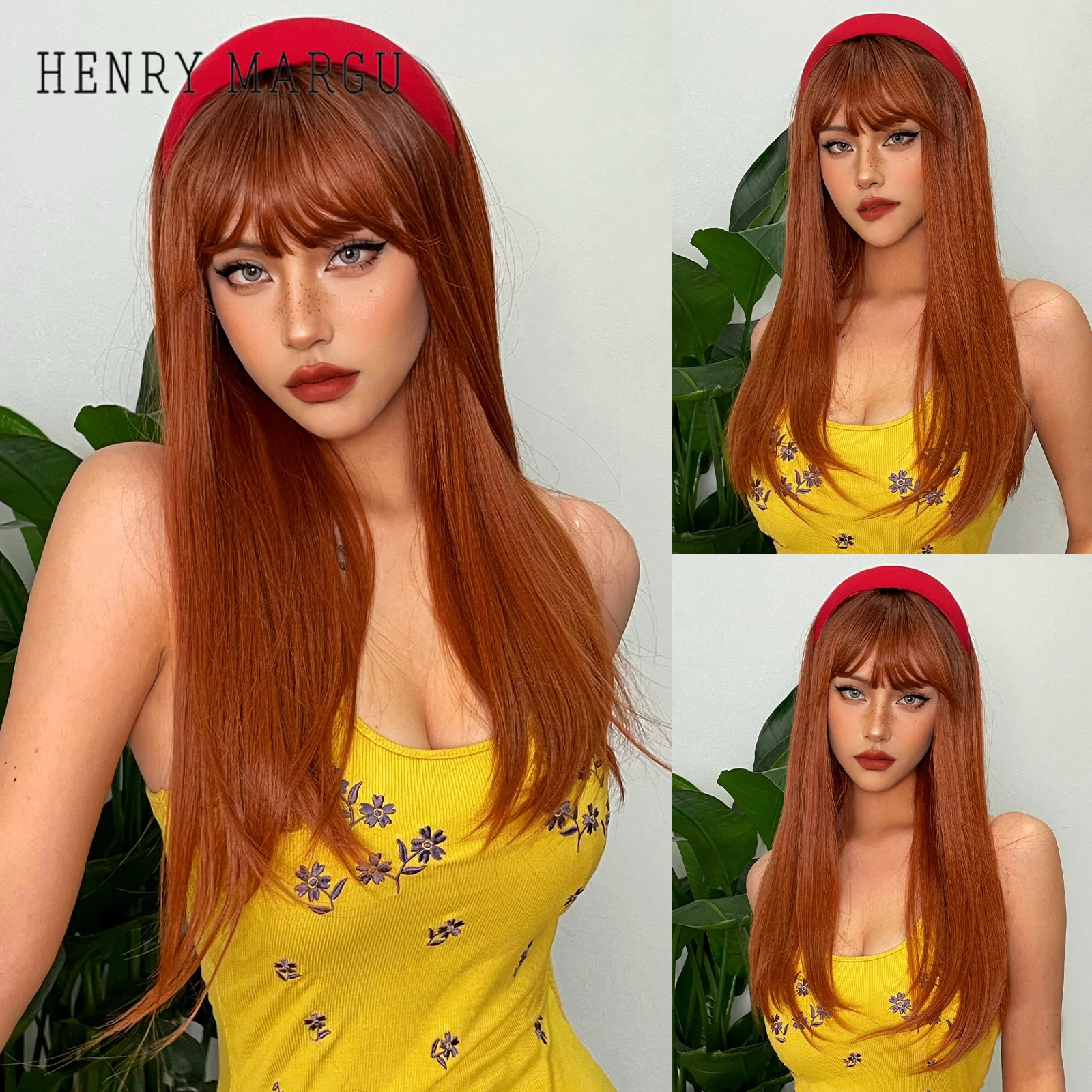 HENRY MARGU Long Reddish Brown Staight Synthetic Natural Wigs with Bangs for Women Daily Cosplay Hair Wigs Heat Resistant Fiber