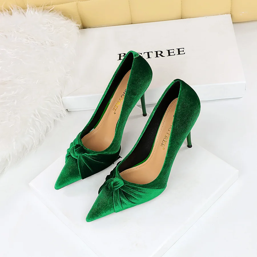 Ladies Pumps Shoes New Fashion Banquet Slim High Heel Heels Luxury Shallow Mouth Pointed Suede Bow Tie Single Stiletto  Shoese