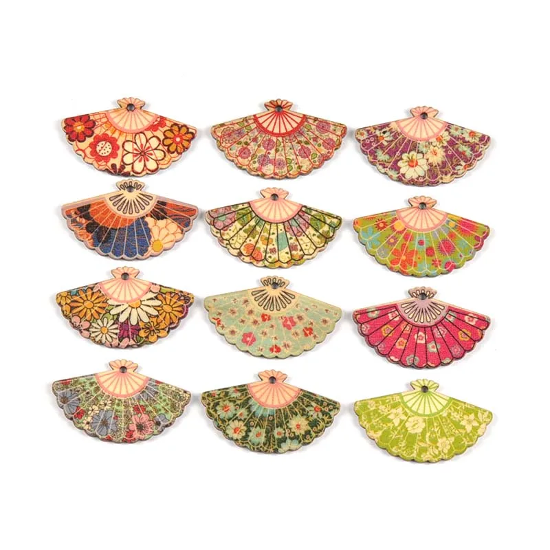 20Pcs 29x48mm Mixed Color Painted Fan Pattern Wooden Crafts DIY Pendant Ornaments Home Decor Handmade Supplies Hanging Accessory