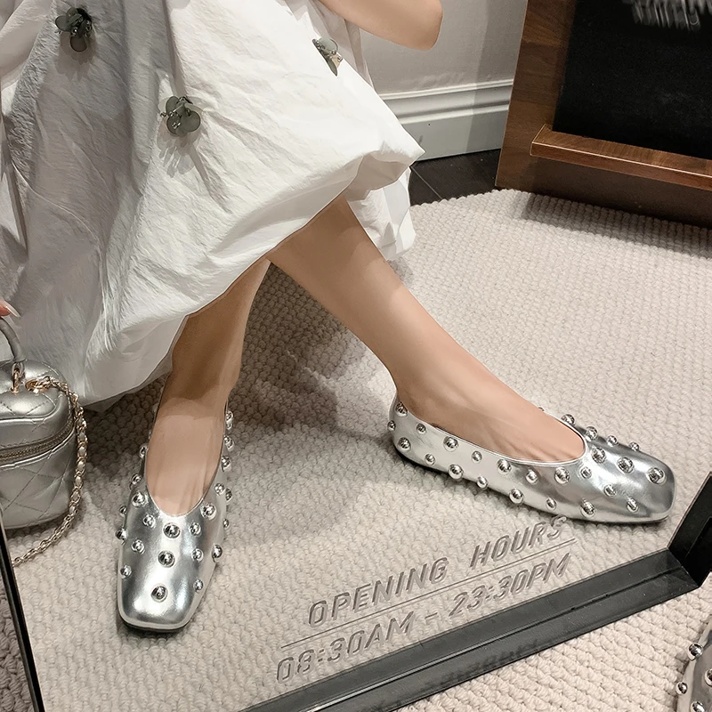 Women’s Genuine Leather Square Toe Studded Flats Soft Sole Ballet Style Mary Jane Shoes