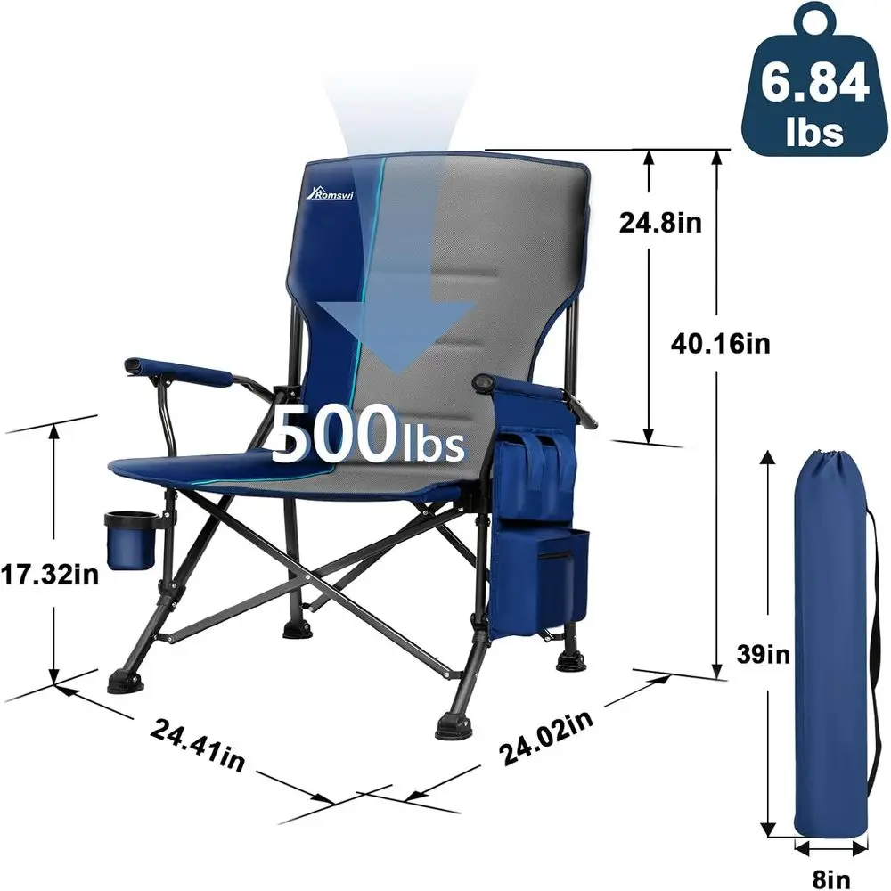Sedie da campeggio pieghevoli durevoli da 500 libbre con braccioli, portabicchieri e tasche laterali per avventure all'aria aperta
