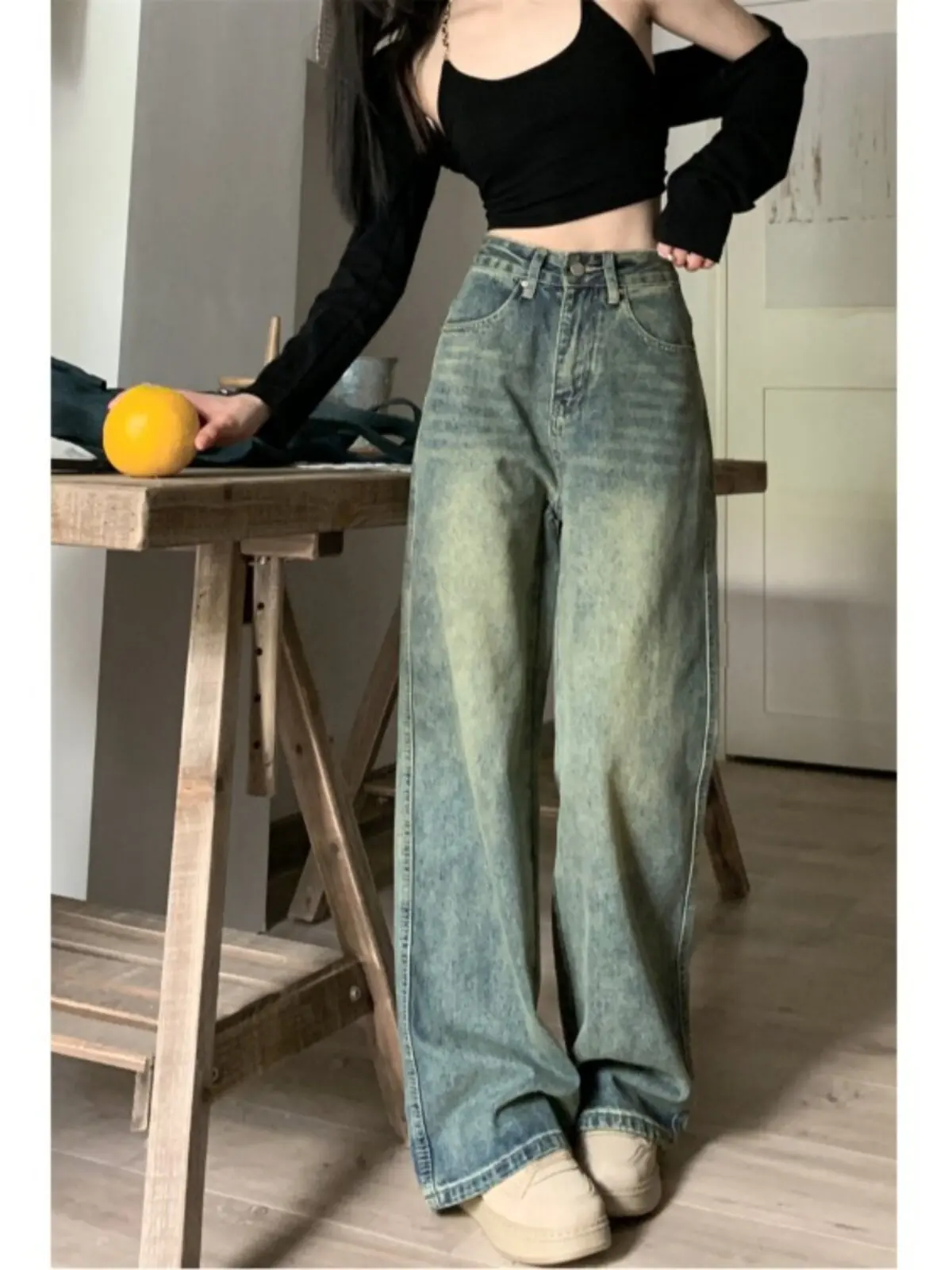 

Ретро-джинсы из американского денима с эффектом потертости, женские, на раннюю весну, маленькие размеры, с высокой талией, прямые, свободные, широкие штанины, длинные брюки