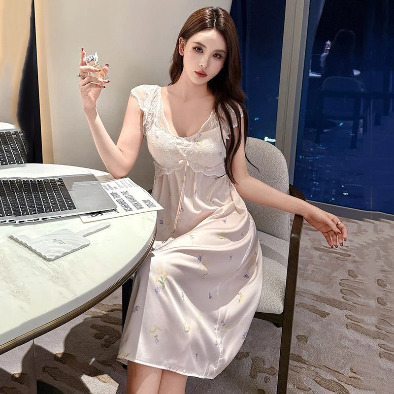 

2026 Summer Sleeveless Sexy Lace Lingerie Silk Satin Nightgowns for Women Korean Sleepwear Night Dress Nightdress Home Nighty