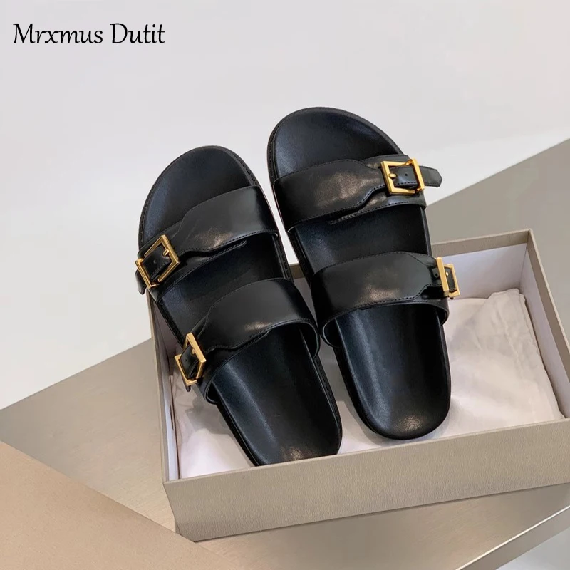 Mrxmus Dutit 2023 Summer British Retro Gold Buckle Casual Sandals Flat Sandals Fashion Leather Shoes Women\'s Shoes