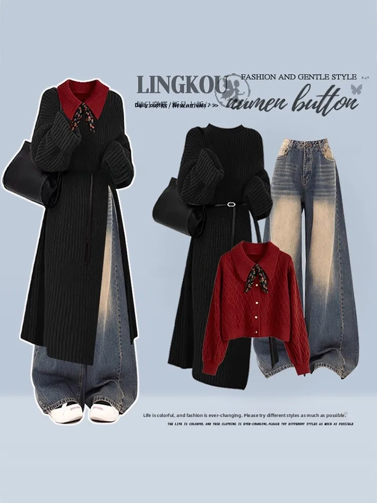

Large Size Knitted Sweater Set Women's Lazy Style Autumn Winter Fashion High Waist Wide Leg Jeans Slimming Effect