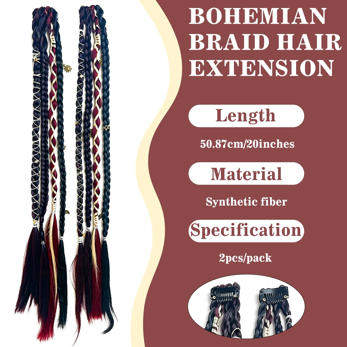 Box Braids Hair Extensions Pre-Braided Synthetic Colored Twist Braids with Hair Accessories for Women Hip Hop Punk Festival