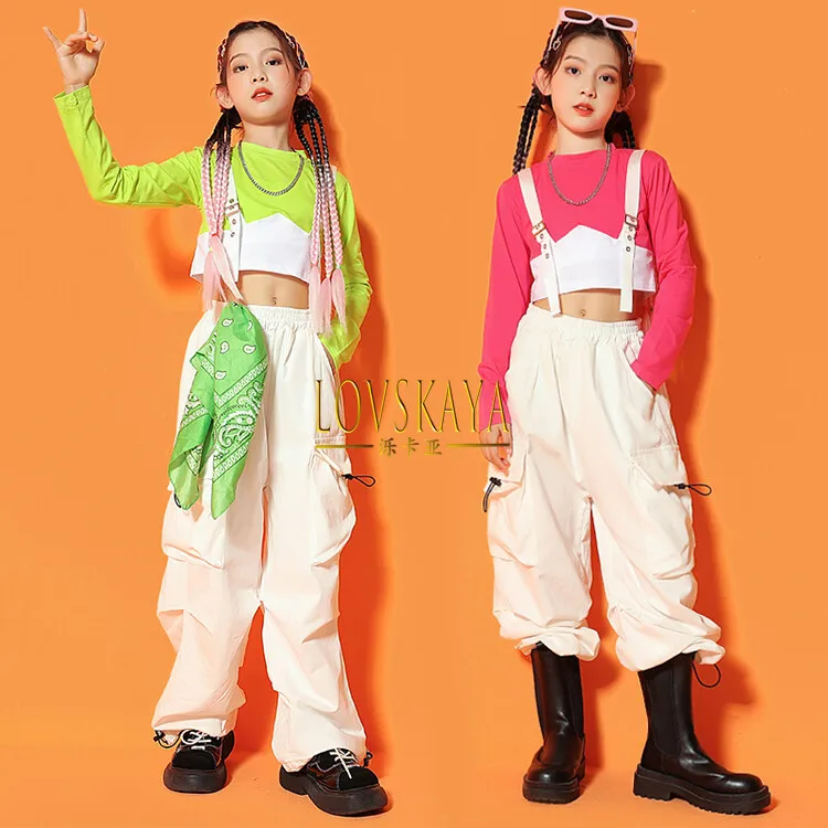 Two pieces of long sleeved set for children's holiday, street dance performance costume, trendy girl's navel walking jazz dance