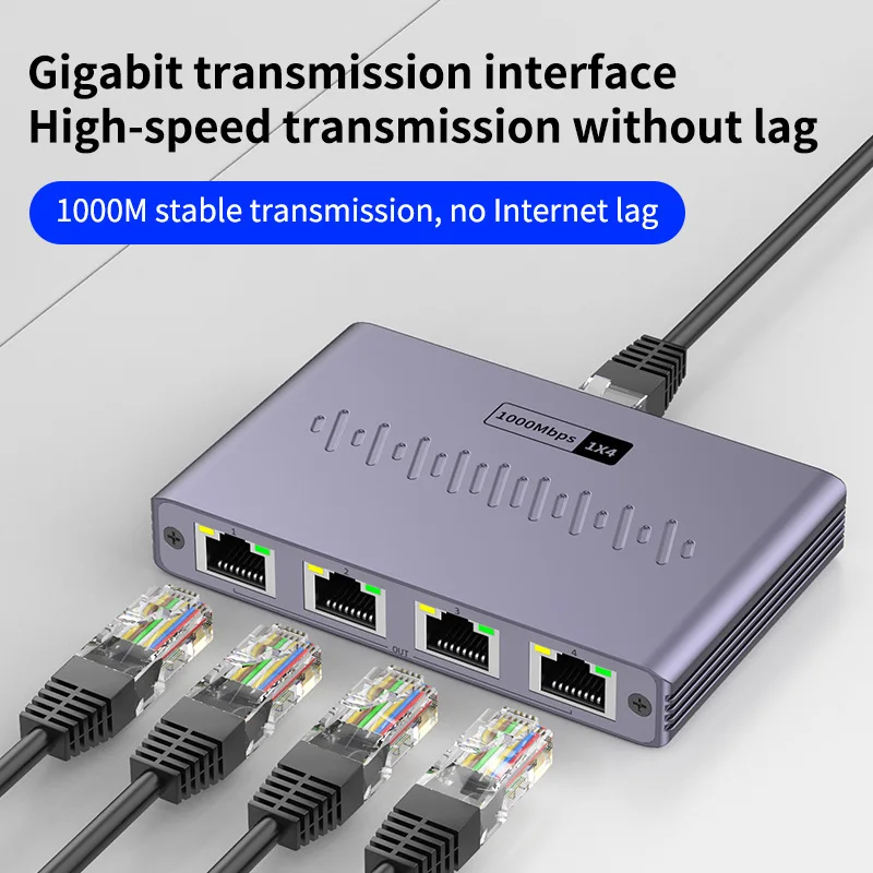 ตัวแยกสายเคเบิลเครือข่าย RJ45 1 ถึง 4 พอร์ต สวิตช์กิกะบิตอีเธอร์เน็ต 1000Mbps อะแดปเตอร์ขยายอินเทอร์เน็ต LAN ตัวแปลงเครือข่าย RJ45