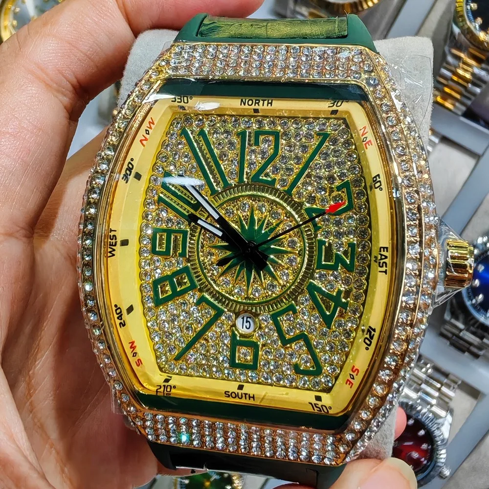 

Bling Hip Hop Iced Out Часы для мужчин Роскошные мужские кварцевые часы Tonneau с бриллиантовым циферблатом Модные спортивные мужские наручные часы Montre Homme