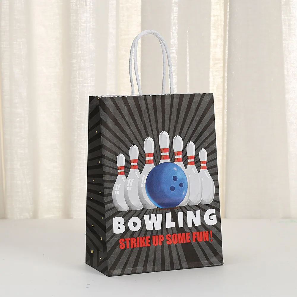 6Pcs Black Let's Bowling Paper Gift Packing Bags Candy Shopping Bag for Sports Theme Birthday Retirement Party Decoration