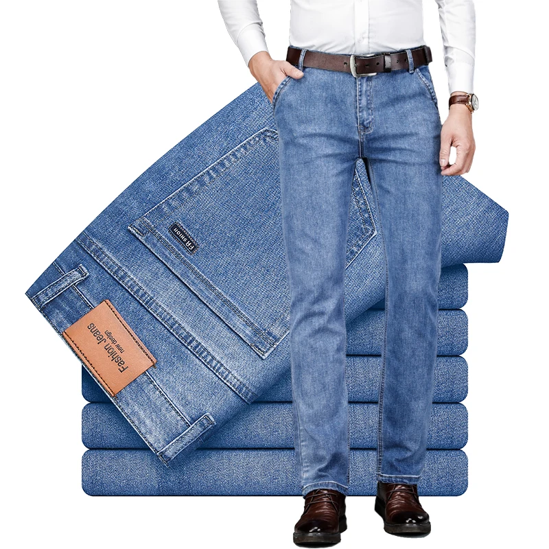 

Autumn Business Jeans Men's New Fashionable Pocket Elastic Slim Blue Straight Denim Trousers Male Brand Classic Pants