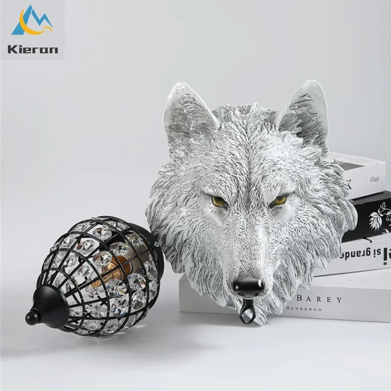 Nordic Moderne Wolf Kopf Led Wand Lampe Schlafzimmer Studie Bar Hotel Nacht Kristall Wand Lampen Wohnzimmer Dekoration Harz Wand licht