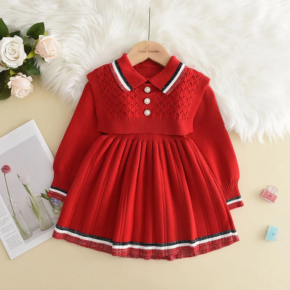 Winter Warm Baby Girl Knitted Dresses Sweater Vest Vest Preppy Dress Christmas Dress Birthday Gift Autumn Kids School Outfits