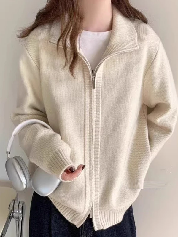 

Spring Autumn Women's Loose Fashion Color Casual Open Cardigan Sweater Double Zipper Polyester Fiber Long Sleeve Coat