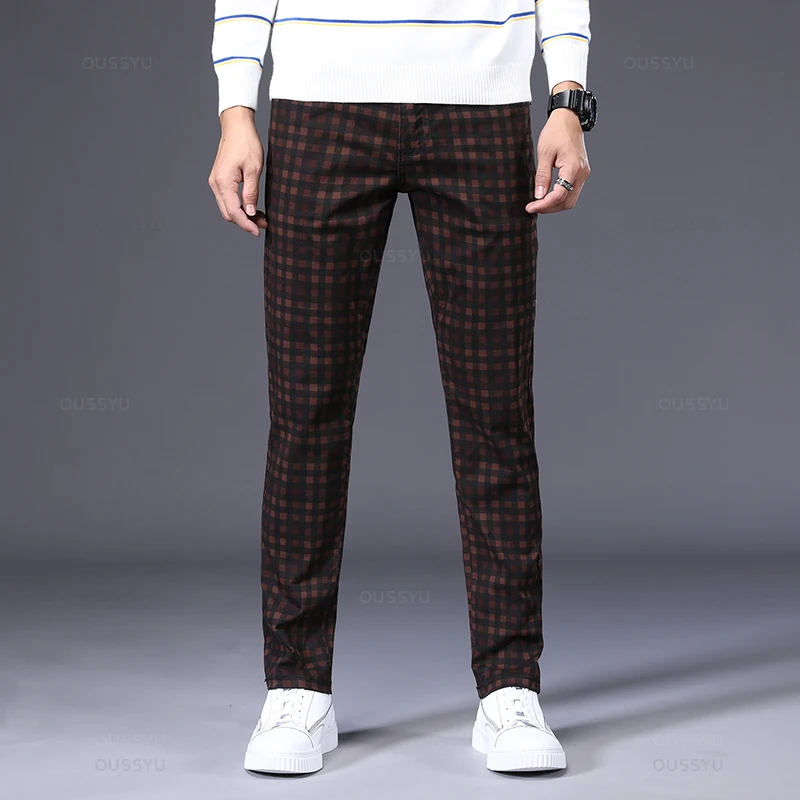 High Quality Men\'s Plaid Casual Pants 98% Cotton Stretch Straight Classic Slim Fit Trousers Male Large Size 40 42 6 Pattern